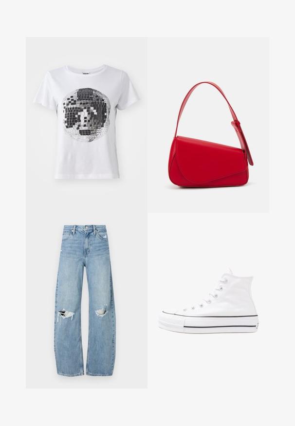Noisy May NMNATE DISCO - Tricou cu imprimeu - bright white; Jeans de denim, de un bleu deschis, cu talie înaltă. Au picioare late, două zone rupte la genunchi și un stil clasic cu cinci buzunare.; Adidași albi tip pantofi sport cu glezna din pânză, cu talpă din cauciuc negru, capac de vârf din cauciuc frontal și șase ochiuri pentru șireturi, având un design curat și minimalist.; Geantă de mână din piele roșie, cu un design unghiular și geometric. Dispune de o singură curea ajustabilă și un sistem de închidere cu clapetă, cu detalii cusute.