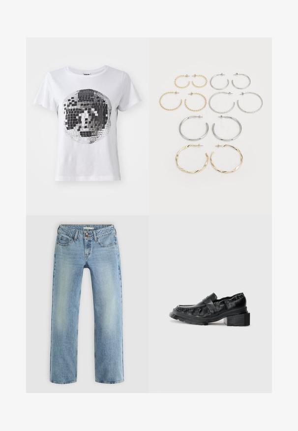 Noisy May NMNATE DISCO - Apdrukāts T-krekls - bright white; Gaiši zila taisna kāju džinsi, izgatavoti no denima, ar pogu aizdari, piecām kabatām un vieglu izbalēšanu gar kājām.; Melnas ādas loafers ar strukturētu zoli, kurai ir nedaudz pacelts bloku papēdis un teksturēts virspusē, nodrošināts ar priekšējo siksniņu.; Divpadsmit auskaru komplekts ar riņķiem sudraba un zelta tonī. Ietver vītņotus, gludus un teksturētus dizainus ar dažādiem izmēriem un apdares veidiem.