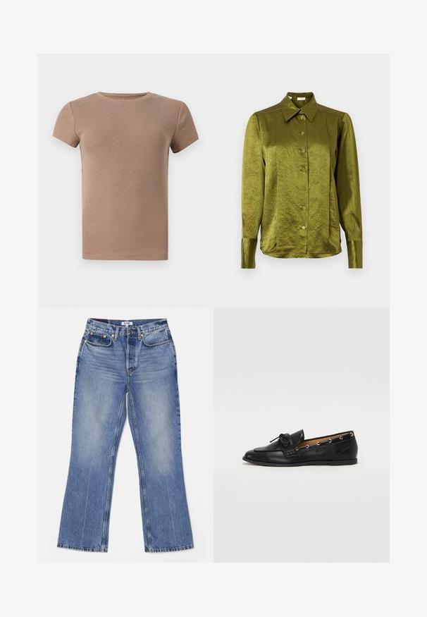 Bežinė lygiapadžių trumpomis rankovėmis marškinėliai su apvaliu iškirpimu ir prigludusia forma. Lygus paviršius, be ornamentų ar akcentų.; Alyvuogių žalios, ilgomis rankovėmis, su mygtukais užsegama bluzonė su smailiu apykakle ir šiek tiek blizgančiu, tekstūruotu audiniu ant vientiso fono.; RE/DONE LOOSE - Šiek tiek platėjantys apačioje džinsai - hacienda; Juodi odiniai loafai su surišta mazgeliu, su auksinėmis akytėmis šoninėse dalyse ir plokščiu guminiu padu. Lygus paviršius, klasikinis dizainas.