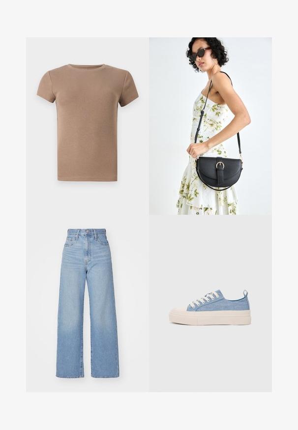 Beige ribbet kortermet T-skjorte med rund hals og tettsittende design. Glatt tekstur, uten dekorasjoner eller mønstre.; Lys blå høytlivs vide jeans med knapp- og glidelås lukking foran, foran og bak lommer, på en hvit bakgrunn.; Lys blå canvastøfler med en kremfarget gummitupp og yttersåle, med hvite snørebånd og en løfteløkke på hælen.; Svart lærveske med en buet form, avtagbar stropp og gullbeslag. Vesken har et klaff med spenne-detall.