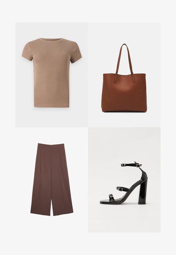 T-shirt beige a maniche corte con collo rotondo e design aderente. Texture liscia, priva di decorazioni o motivi.; Pantaloni ampi marroni con una texture liscia, caratterizzati da una vita alta e pieghe frontali. Il tessuto è leggero e scorre liberamente.; Sandali con tacco in vernice nera, con punta squadrata, cinturini alla caviglia e fibbie in argento. Presentano un tacco a blocco spesso per maggiore stabilità.; Borsa tote in pelle marrone con texture liscia, design con apertura superiore e due spallacci. Presenta cuciture minime e nessun hardware visibile.