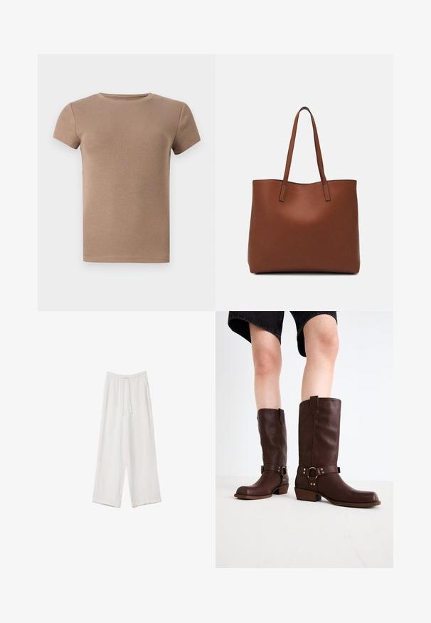 Bežové pruhované tričko s krátkym rukávom a okrúhlym výstrihom, s priliehavým strihom. Hladká textura, bez ozdôb a vzorov.; Biele široké nohavice vyrobené z ľahkej tkaniny. Obsahujú elastický pás so sťahovacou šnúrkou a bočné vrecká. Hladká textúra.; Hnedé kožené vysoké čižmy s okrúhlou špičkou, štruktúrovaným povrchom, opaskom okolo členka a detailmi zo strieborného kovu; s vysokým podpätkom.; Hnedá kožená taška na rameno s hladkou textúrou, otvoreným vrchom a dvoma ramenými popruhmi. Má minimálne šitia a žiadne viditeľné kovania.