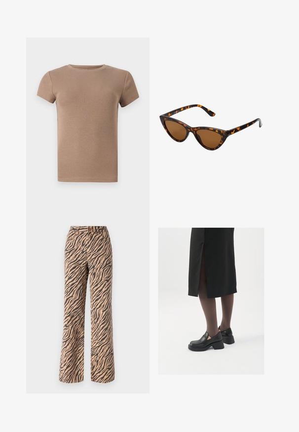 Beige ribbed short-sleeve T-shirt with a round neckline and fitted design. Smooth texture, unadorned without patterns or accents.; Wide-leg trousers with a tiger stripe pattern in shades of brown and black, featuring a standard waist and five-pocket design.; Black leather shoes with a rounded toe, thick block heel, and elastic side accents, paired with dark tights and a black skirt with a slit.; Cat-eye sunglasses with a black and orange tortoiseshell frame, brown lenses, and sleek, pointed tips. Features a minimal logo on the temple.