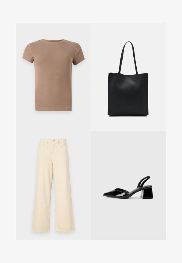 Bež majica s kratkimi rokavi z rebrasto teksturo in okroglo ovratnico ter oprijetim krojem. Gladka tekstura, brez okrasnih vzorcev ali poudarkov.; Bež jeans širokega kroja iz bombaža. Imajo gumbno zapiranje, zanke za pas in sprednje žepe ter gladko, mehko teksturo.; Črne lakirane slingback pete s koničastim nosom in geometrijsko blokasto peto. Imajo eleganten, minimalističen dizajn in gladko teksturo.; Črna usnjena torba s svilnato teksturo, pravokotne oblike in dvema dolgima ročajema. Brez vidnih metalnih delov ali okrasnih elementov.