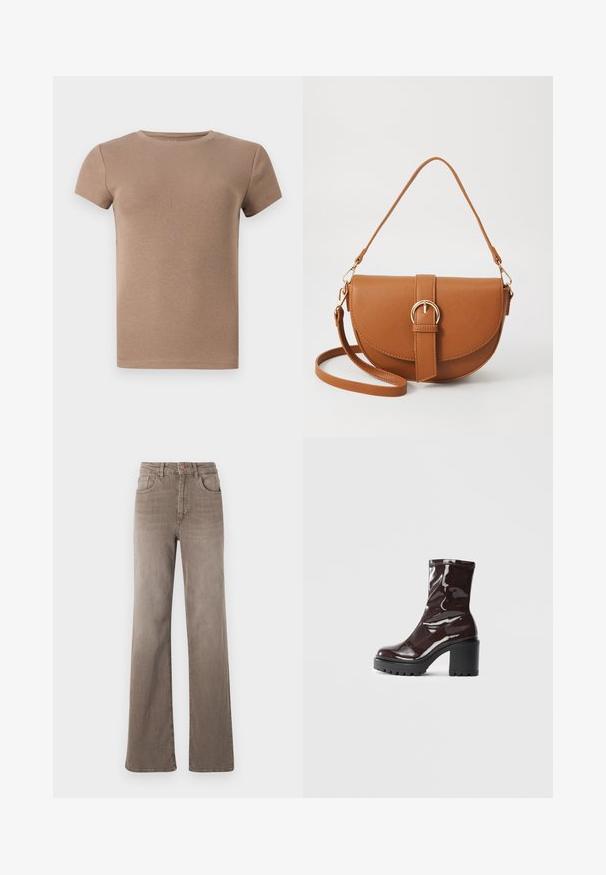 Beige ribbet T-shirt med kort ærme og rund halsudskæring i et tætsiddende design. Glat tekstur, uden dekorationer eller mønstre.; Brune højtaljede straight-leg jeans med frontknap, bælteløkker og klassisk fem-lomme design på en hvid baggrund.; Glatte burgunder ankelstøvler med en chunky sort hæl, der har en glat tekstur og et simpelt design. Ingen synlige lukninger eller mønstre.; Brun læder crossbody taske med en buet form, guldfarvet hardware og en spændeaccent. Har en aftagelig skulderrem.