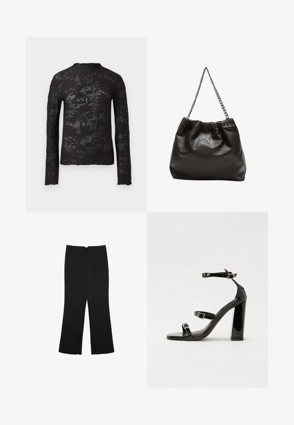 Črn dolg rokav prosojna čipkasta majica z cvetnimi vzorci in visokim ovratnikom na enobarvni beli podlagi.; Črne hlače ravnega kroja z naglavnimi žepi in stranskimi razporki na robu. Narejene iz mehke, gladke tkanine. Primerne za različne priložnosti.; Črne lakirane sandale s peto, kvadratnim prstom, trakovi okrog gležnja in srebrnimi zaponkami. Opremljene so s stabilno Debelo peto.; Rjava usnjena torba z nabranim vrhom in verižnim trakom. Gladka tekstura z sijajno površino in subtilnimi šivi na straneh.