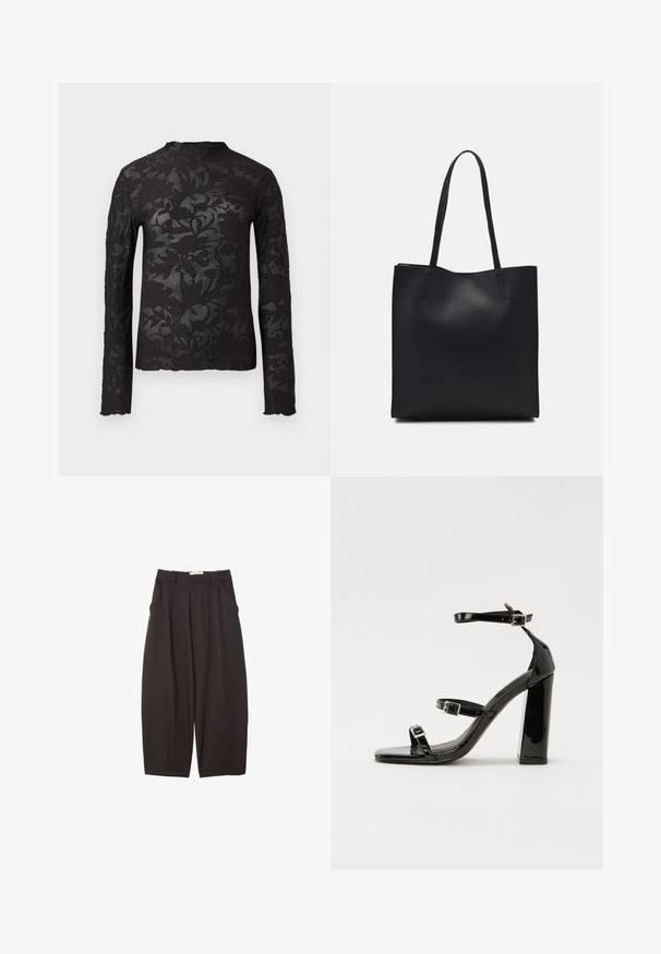 Musta pitkähihaainen läpinäkyvä pitsipaita kukkakuviolla ja korkea kaulus, taustalla yksinkertainen valkoinen tausta.; Mustat leveälahkeiset housut, jotka on valmistettu sileästä kankaasta. Niissä on korkea vyötärö, etupleatsit ja sivutaskut. Yksinkertainen muotoilu ilman koristeita.; Musta kiiltäväpintainen korkokengät, joissa on kaksi solkikiinnitystä, neliönmuotoinen kärki ja paksu korko, sileällä, kiiltävällä pintarakenteella.; Mustapahkainen kangaskassi, jossa on sileä pinta, suorakaiteen muotoinen ja kaksi pitkää kahvaa. Ei näkyvää metalliosaa tai koristeita.