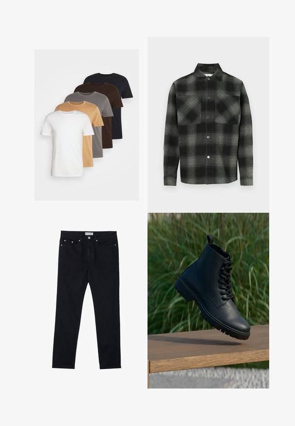 Viis kõrge kaelusega T-särki valges, beežis, hallis, pruunis ja mustas värvitoonis. Lühikesed varrukad, tavaline lõige, valmistatud pehmest puuvillast materjalist.; Ruuduline särk musta ja halli toonides, millel on ees nööbitav sulg, kaks rinnataskut ja krae. Valmistatud tekstuurse kangaga.; Must mustribaldenim teksat, sirge sääremudeli, viie tasku, metallniitide ja nööbikinnitusega. Pehme tekstuur kerge venivusega.; Mustad musta nahast ankle boot. Omab lipsuatamise disaini, ümarat nina ja robustset tallat, millel on silmapaistvad mustrid. Väike tõmblöök kanna peal.