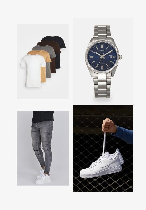 Pet majice s okruglim izrezom u bijeloj, bež, sivoj, smeđoj i crnoj boji. Kratki rukavi, standardni kroj, izrađene od mekog pamučnog materijala.; Uske mršave traperice u izblijedjelom sivoj boji, s iznošenim detaljima na koljenima, uparenim s bijelim tenisicama. Glatka tekstura, dizajn prilagođen tijelu.; Bijele kožne tenisice s perforacijama, okruglim vrhom, ravnim potplatom i debelim vezicama, s vidljivim swoosh logom i natpisom "AIR" na peti.; Srebrni sat od nehrđajućeg čelika s tamnoplavim brojčanikom, metalnim oznakama sati i prozorom za datum na 3 sata. Vodootporan do 50 metara.