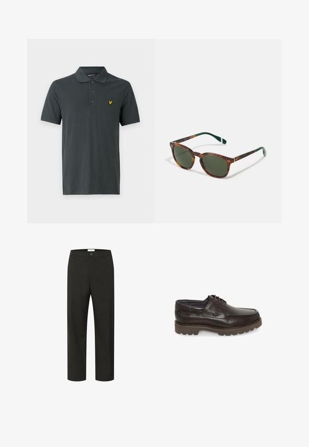 Tumedast puuvillane polo särk klassikalise krae, kolme nööbi ja väikese tikitud kollase logoga vasakul rinnal.; Mustad püksid sujuva tekstuuriga, sirge sääre kujundusega, nupuga sulgemine ja vöökummid. Omab minimalistlikku välimust ja nähtavaid mustreid ei ole.; Prunapätsid, millel on sile nahk, ümmargune nina, nööpide ja pehmendava kummitald, millel on mustripind.; Kilpkonnakuju prillid roheliste läätsedega, ümmargune kuju, kuldsed aktsendid ning tumerohelised varred, millel on valge triip.