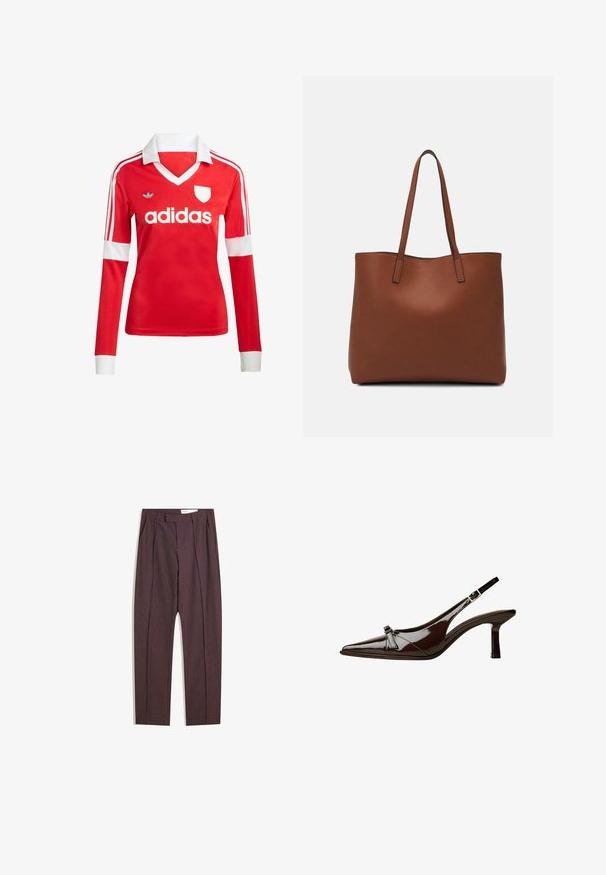 Piros, hosszú ujjú focimez fehér gallérral és mandzsettákkal. A vállakon három fehér csík található, valamint az "adidas" logó jól láthatóan szerepel.; Lila csíkos nadrág pliszírozott részletekkel, magas derékkal és egyenes szárú fazonnal. Simább, textúrált anyagból készült.; Barna lakkbőr slingback cipő hegyes orral, alacsony sarkal és díszes masnival elöl. Simma, fényes felület.; Barna bőr vászontáska sima textúrával, nyitott tetejű dizájnnal és két vállpánttal. Minimális varrással és látható hardver nélkül készült.