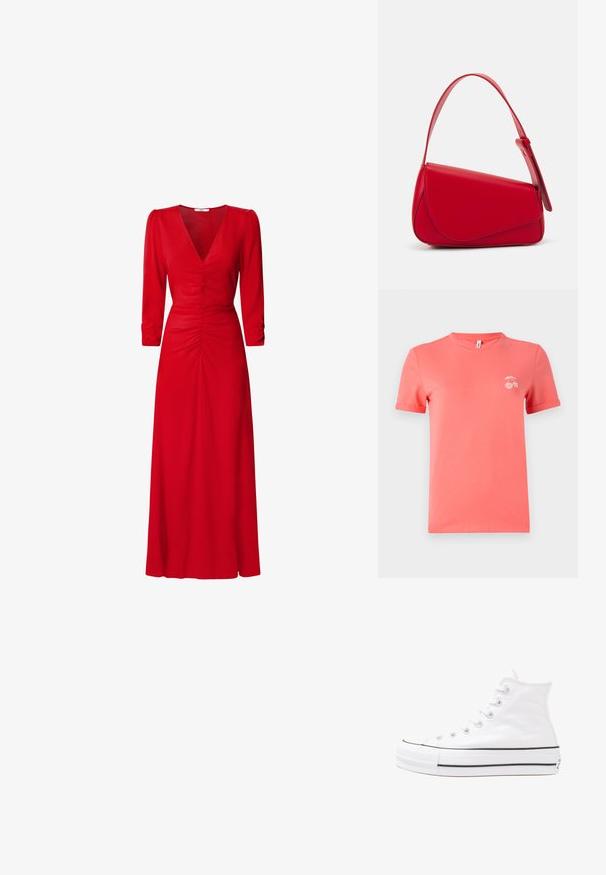 Coral cotton t-shirt with short sleeves, round neckline, and rolled cuffs. Features a small white cherry graphic on the chest.; Red dress with a V-neckline, three-quarter sleeves, and ruched detailing at the waist and back. Fabric appears smooth and lightweight.; White high-top canvas sneaker with black rubber sole, front rubber toe cap, and six eyelets for laces, featuring a clean, minimalist design.; Red leather handbag with an angular, geometric design. Features a single adjustable strap and a flap closure with stitched detailing.