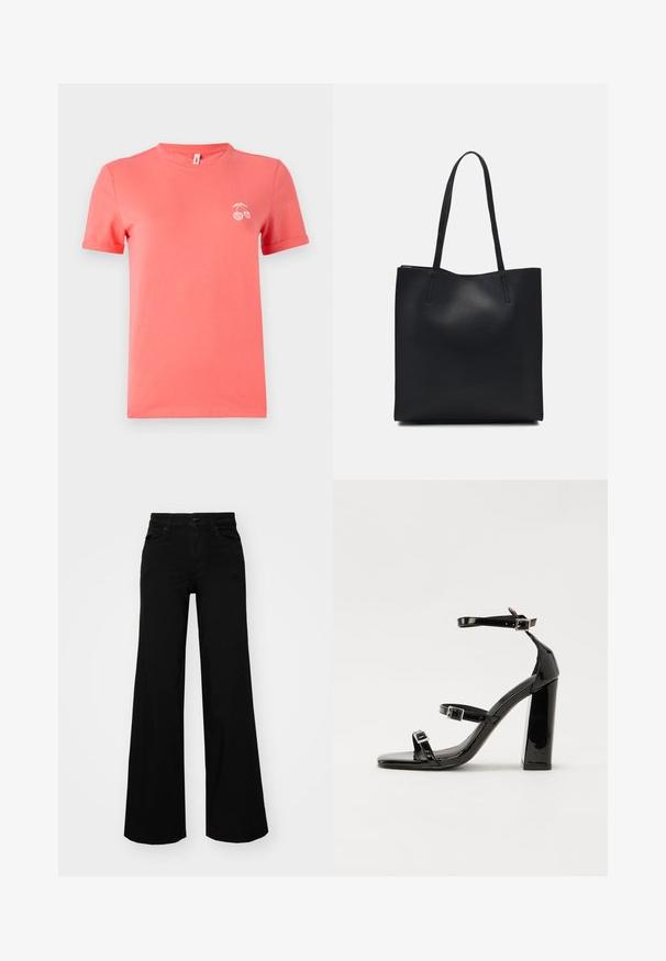 Coral cotton t-shirt with short sleeves, round neckline, and rolled cuffs. Features a small white cherry graphic on the chest.; Black wide-leg pants made of denim, featuring a structured waistband, belt loops, and front pockets. Smooth texture with a classic design.; Black patent heeled sandals with a square toe, ankle straps, and silver buckles. Features a chunky block heel for stability.; Black leather tote bag with smooth texture, rectangular shape, and two long handles. No visible hardware or embellishments.