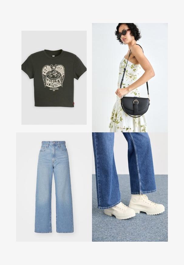 T-shirt de algodão cinza escuro com uma grande estampa branca que inclui texto e um design de águia. Mangas curtas, gola redonda, corte relaxado.; Jeans de cintura alta e perna larga em azul claro, com fecho frontal de botão e zíper, bolsos frontais e traseiros, sobre um fundo branco.; Ténis brancos de cano alto com solas grossas e estriadas e detalhe de logótipo circular, usados com jeans de ganga de perna larga em azul claro.; Bolsa de couro preta com forma curva, alça destacável e detalhes em dourado. A bolsa possui uma aba com detalhe de fivela.