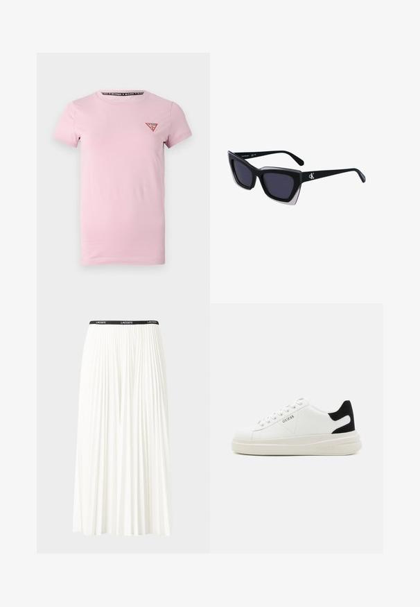 Camiseta de algodón rosa claro con mangas cortas, cuello redondo y un pequeño parche de logo triangular rojo en el lado izquierdo del pecho.; Falda blanca plisada con una cinturilla elástica negra que presenta el logotipo "LACOSTE". Diseño de longitud media con textura suave.; Zapatillas blancas de cuero con una suela blanca gruesa, acento en el talón de ante negro y logo grabado en el lateral. Diseño de cordones con seis ojales.; Gafas de sol negras de gran tamaño con una forma geométrica, que presentan lentes oscuros y un detalle gris contrastante en la montura. Logo en la pata.; Aros de plata en forma de aro con un acabado liso y brillante. Diseño redondeado y ligero, con cierre de tipo post-back.