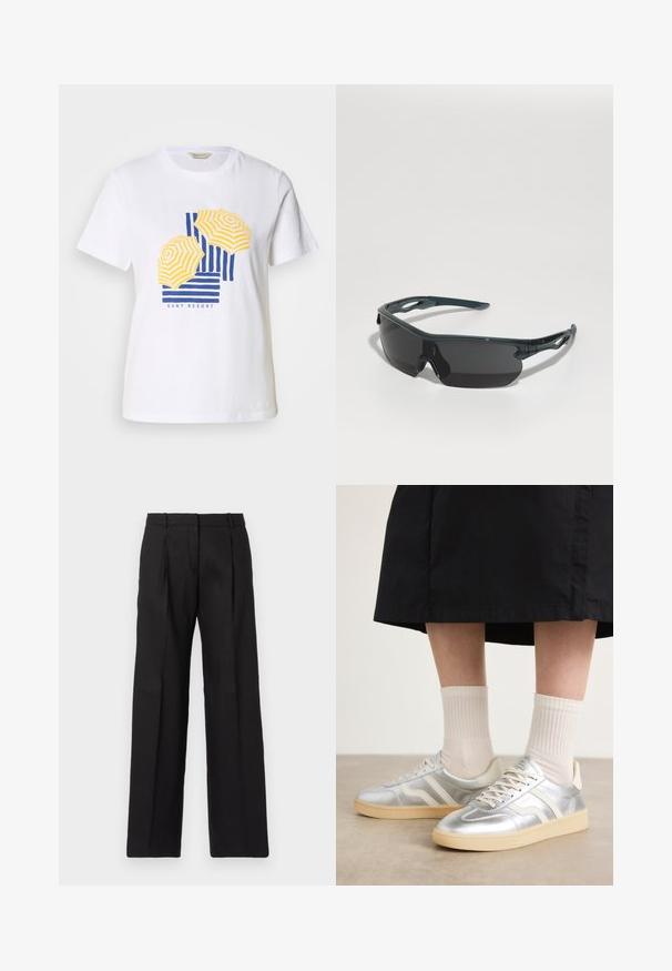 Weißes Baumwoll-T-Shirt mit einem grafischen Design von gelben und blauen gestreiften Strandsonnenschirmen und dem Text "GANT RESORT" am unteren Rand.; Schwarze maßgeschneiderte Hosen mit geradem Bein, ausgestattet mit scharfen Falten und einer glatten Textur. Aus einem leichten Stoff gefertigt.; Silberne synthetische Turnschuhe mit weißen Streifen, cremefarbener Sohle und strukturiertem Material; kombiniert mit hellen gerippten Socken und einem schwarzen Rock.; Sonnenbrille mit dunkel getönten Gläsern, schlankem Wickeldesign, verstellbaren Nasenpolstern und Gummibesätzen an den Schläfen für besseren Halt.
