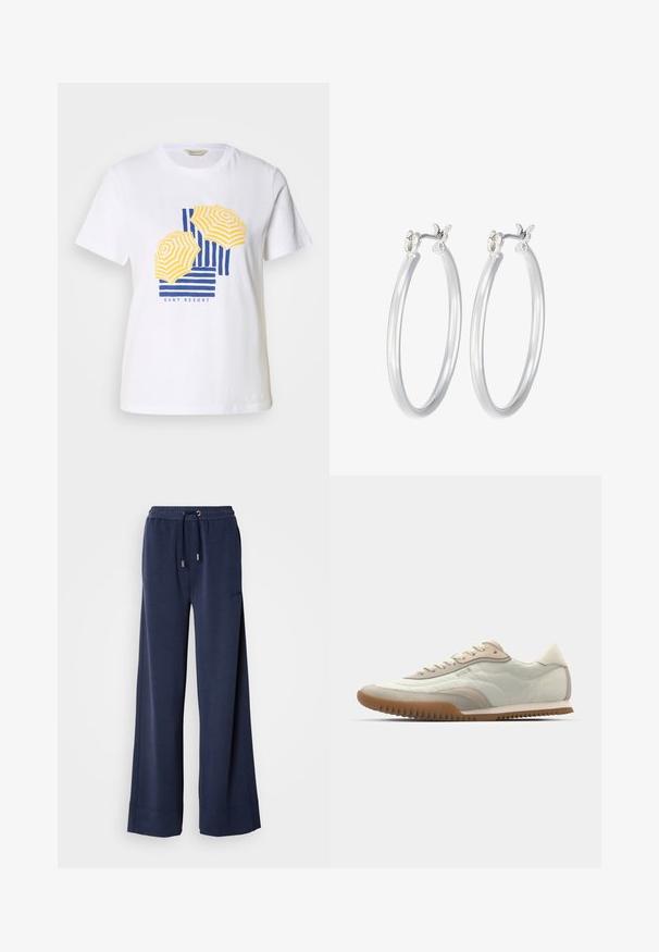 Camiseta de algodón blanca con un diseño gráfico de sombrillas de playa amarillas y azules a rayas, con el texto "GANT RESORT" en la parte inferior.; Pantalones de pierna ancha en color marino, fabricados en una tela suave que cuenta con una cinturilla elástica con cordón y detalle del logo en la parte delantera de la pierna izquierda.; Zapatilla blanca y beige con una parte superior lisa y acentos de gamuza, suela texturizada y costuras en tonos. Cierre de cordones con detalle de logo.; Pendientes de aro de plata con un acabado liso y pulido. Forma redonda y cierre de click seguro. Diseño ligero adecuado para el uso diario.