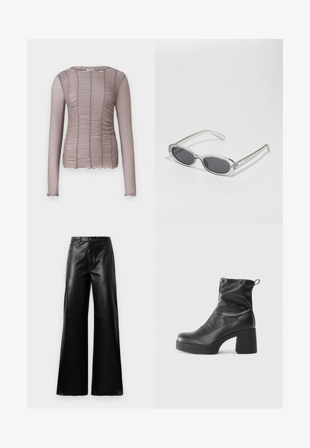 Μακρυμάνικο μπλουζάκι σε ανοιχτό καφέ χρώμα, με ραμμένο ανάγλυφο σχέδιο σε όλη την επιφάνεια, στρογγυλή λαιμόκοψη και λεπτούς, κυματιστούς μανσέτες.; Μαύρες παντελόνες ψηλής μέσης, φαρδιές, από τεχνικό δέρμα με μπροστινό κουμπί, φερμουάρ, θηλιές ζώνης και πλαϊνές τσέπες σε λευκό φόντο.; Μαύρες μποτές μέχρι τον αστράγαλο από λείο δέρμα, με πλευρικό φερμουάρ, χοντρό υφασμάτινο τακούνι και στρογγυλή μύτη.; Γυαλιά ηλίου με οβάλ σχήμα, διαφάνειας πλαστικό σκελετό, σκούρους γκρίζους φακούς και λεπτούς διαφανείς βραχίονες με λογότυπα και ελάχιστες λεπτομέρειες.