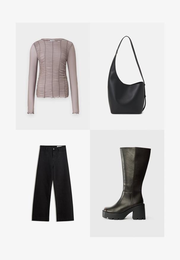 Långärmad topp i ljusbrunt, med rynkad textur över hela plagg, rund halsringning och delikata, scalloperade ärmslut.; Svarta vida denimbyxor med hög midja, med fram- och bakfickor, sydda sömmar och knappstängning. Slät textur.; Bruna läderknähöga stövlar med rund tå, tjock svart plattform och blockklack. Har en slät textur och minimala sömnadsdetaljer.; Svart läder hobo-väska med en slät textur, kurvig form och en justerbar axelrem; har en bred öppning upptill.