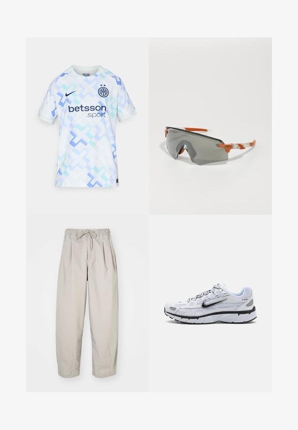 Svijetloplava i bijela nogometna majica s geometrijskim uzorcima, Nike logo, i natpis "betsson.sport" ispisan sprijeda. Dizajn s kratkim rukavima.; Bež hlače od laganog materijala s elastičnim pojasom i vezicom. Imaju nabore i širok kroj, izrađene od mekanog, glatkog materijala.; Bijele tenisice za trčanje s mrežastim gornjim dijelom, zaobljenim vrhom, crnim akcentima i uzorkovanim potplatom. Sadrže vezivanje i markiranje sa strane.; Sportske naočale s sivim lećama, narančastim naglascima i uzorkovanim bijelim drškama. Dizajnirane za performanse s oblikom koji obavija.