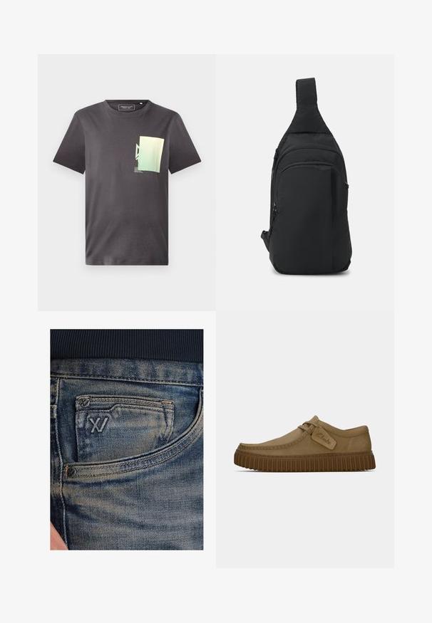 Siva pamučna majica s okruglim izrezom, koja ima minimalistički zeleni i plavi grafički print na lijevoj strani prsnog područja. Kratki rukavi.; Plave traperice s izblijedjelom teksturom, s džepom za kovanice i crnim logotipom sprijeda. Pojas je od tamno plave rebraste tkanine.; Svijetlosmeđi nubuk cipele s okruglim vrhom, šavovima detaljima i rebrastom smeškom gumom. Ima bočnu oznaku s "Clarks" logotipom.; Crni, platneni torba-sling s jednim remenom za rame, višestrukim zip zatvaračima i elegantnim, minimalističkim dizajnom.