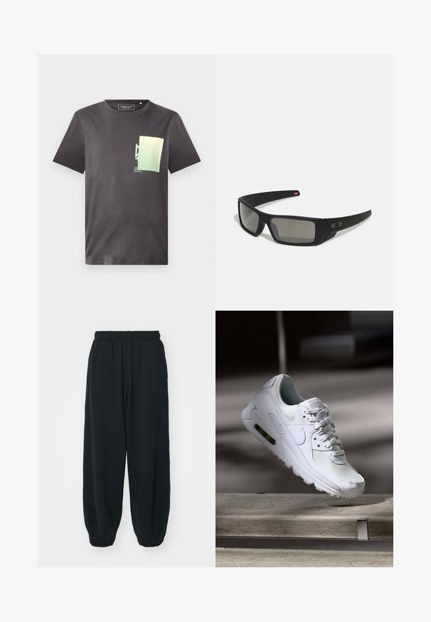 Grå bomulds T-shirt med rund hals, med et minimalistisk grønt og blåt grafisk print på venstre brystområde. Korte ærmer.; Sorte svedbukser med elastisk talje, løs pasform, afsluttede ankler, glat tekstur og uden synlige mønstre eller hardware-detaljer.; Hvide Nike Air Max 90 sneakers med en overdel i mesh og læder, perforeret tåboks og en synlig luftenhed i hælen.; Sorte solbriller med mat finish, rektangulære linser, let kurve ved templerne, diskret logo detaljer og røgfarvede linser.