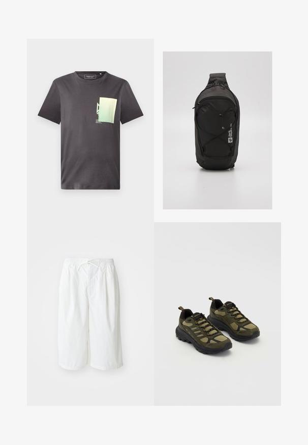 Siva bombažna majica s krojem, ki ima minimalističen zeleni in modri grafični print na levem prsnem delu. Kratke rokave.; Bele hlače s elastičnim pasom in vrvico, prikazane na enobarvni svetli podlagi. Primerne za sproščeno ali toplo vreme.; Zelene in črne športne čevlje z teksturirano zgornjimi deli, mrežastimi paneli, trdnimi podplati in vezalnim dizajnom z ojačanimi prsti in peto.; Črn nahrbtnik s poenostavljenim dizajnom, izdelan iz trpežnega blaga. Ima žep z zadrgo, elastične naglavne detajle in logo.