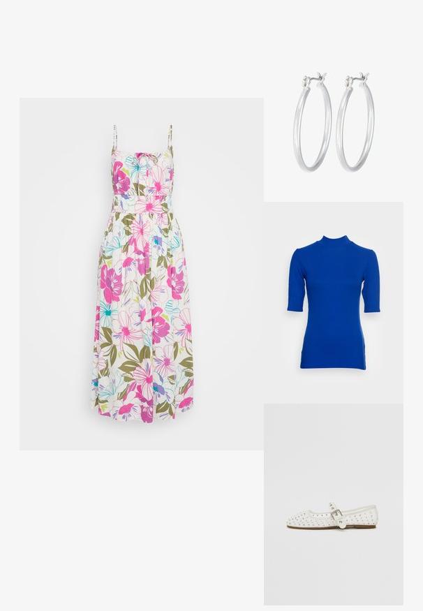 Slim-fit blue turtleneck top with short sleeves, made from ribbed fabric. Features a high neckline and subtle side slits.; Floral maxi dress with thin straps, featuring bright pink, blue, and green flowers on a white background, gathered waist, and flowy fabric.; White flat shoe with a pointed toe, adorned with silver studs, features a buckle strap across the instep and a light brown sole.; Yellow woven clutch wallet with a flap design, a detachable wrist strap, and a gold chain accent. Smooth texture and rectangular shape.; Silver hoop earrings with a smooth, polished finish. Round shape and secure click-top closure. Lightweight design suitable for everyday wear.