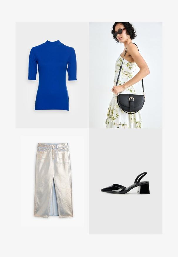Top azul justo com gola alta e mangas curtas, feito de tecido canelado. Apresenta um decote alto e fendas laterais discretas.; Saia de denim metálica prateada com fenda frontal, dois bolsos e fecho com botão. Apresenta uma textura brilhante e costura azul contrastante.; Sandy em verniz preto com salto slingback, ponta afilada e salto geométrico. Apresenta um design elegante e minimalista com textura suave.; Bolsa de couro preta com forma curva, alça destacável e detalhes em dourado. A bolsa possui uma aba com detalhe de fivela.