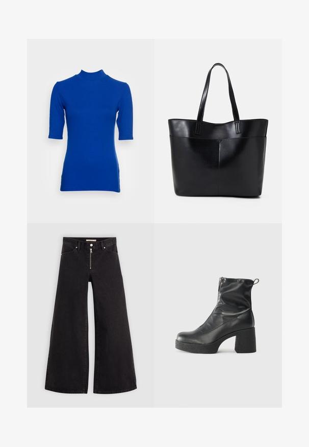 Slim-fit blå turtleneck topp med korte ermer, laget av ribbestrikket stoff. Har høy hals og subtile sidesplitt.; Vide benbukser i sort denim med glidelås i front, fem-lomme design og subtile sømdetaljer. Glatt tekstur og avslappet stil.; Svarte ankelstøvler laget av glatt lær, med glidelås på siden, chunky strukturert hæl, og rund tå-design.; Svart lær toteveske med to lange håndtak, en glatt tekstur og en strukturert form. Har en frontlomme for ekstra oppbevaring.