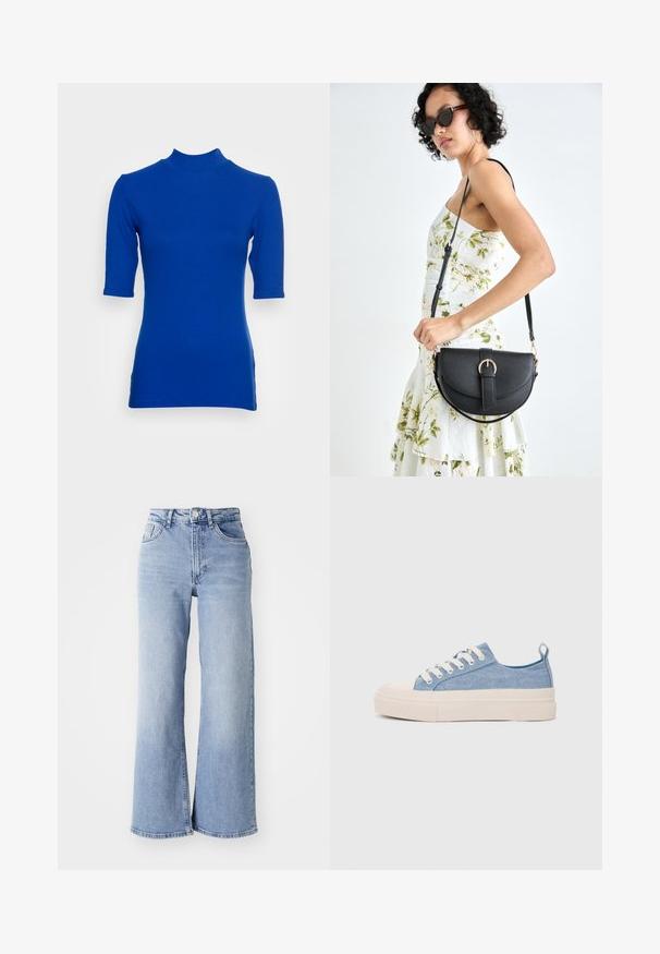 Slim-fit blue turtleneck top with short sleeves, made from ribbed fabric. Features a high neckline and subtle side slits.; Light blue high-waist wide-leg jeans with front and back pockets, button closure, and subtle fading on the thighs and hems.; Light blue canvas sneakers with a cream rubber toe cap and outsole, featuring white laces and a pull tab on the heel.; Black leather handbag with a curved shape, detachable strap, and gold hardware. The bag features a flap with a buckle detail.