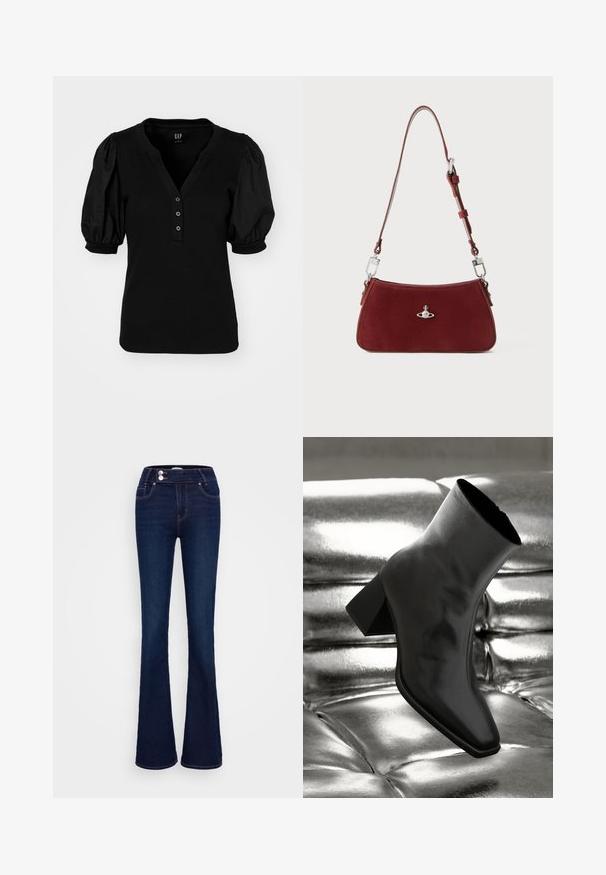 GAP HENLEY PUFF - Basic T-shirt - true black; Dark blue flared jeans featuring a high-rise waist, two front pockets, and two button closures. Made from denim with a smooth texture.; Black ankle boot made of glossy material with a square toe and tapered heel, set against a shiny silver tufted background.; Red suede shoulder bag with a curved shape. Features a silver-tone accent and adjustable strap with hardware detailing. Smooth texture.