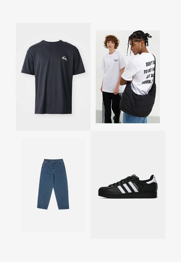 Fekete, rövid ujjú póló sima anyagból, bal mellrészen egy kicsi, fehér logóval. Normál szabású, kerek nyakkal.; Kék farmernadrág, laza szabással, magas derékkal, öt zsebes kialakítással és varrási díszítésekkel. Gombos és cipzáros záródással rendelkezik.; Fekete Adidas Superstar sportcipő fehér csíkokkal, kagyló orral és "Superstar" felirattal az oldalán, oldalról bemutatva, fehér háttér előtt.; Fekete steppelt válltáska puha textúrával, egy fehér grafikás pólót viselő személyen, amely bátor szöveget tartalmaz. Lazán öltözködik farmernadrágban.