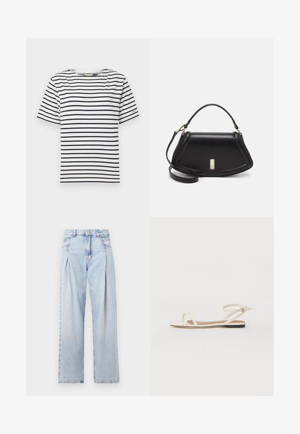 Λευκό μπλουζάκι με οριζόντιες ναυτικές ρίγες, στρογγυλή λαιμόκοψη, κοντά μανίκια και μια μικρή λεπτομέρεια λογοτύπου στο αριστερό μανίκι. Υλικό βαμβάκι.; Ανοιχτό μπλε τζιν παντελόνι με ψηλή μέση, φαρδιά γραμμή, δύο πλαϊνές τσέπες και σχέδιο με πτυχώσεις. Μαλακή υφή με ξεθωριασμένο φινίρισμα.; Πλατινές σάνταλες από κρέμα δέρματος με λεπτές σταυρωτές λουρίδες, λουράκι στον αστράγαλο με άγκιστρο, μινιμαλιστικός σχεδιασμός και αντίθετη μαύρη σόλα.; Μαύρη δερμάτινη τσάντα με δομημένο σχέδιο, που διαθέτει κομμένο σχήμα, επάνω λαβή και χρυσά μεταλλικά στοιχεία. Περιλαμβάνει ρυθμιζόμενο λουρί ώμου.