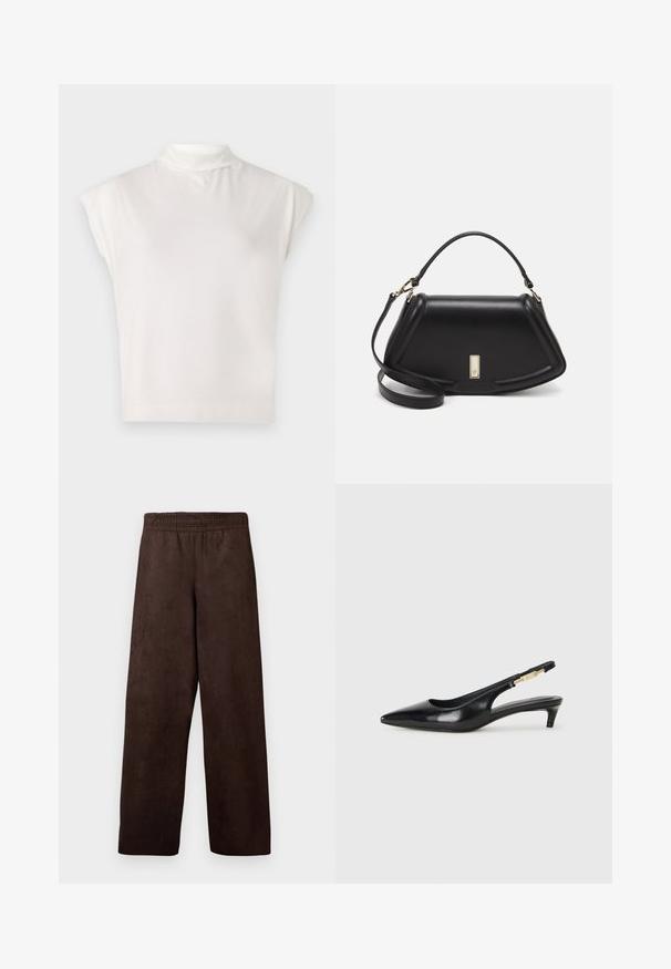 Witte mouwloze coltrui gemaakt van zacht materiaal, met een gestructureerd ontwerp, een gladde textuur en subtiele geribbelde zoomdetails.; Bruine, wijde broek van zacht, suède-achtig materiaal met een elastische tailleband en zonder zakken. Eenvoudig ontwerp, gladde textuur.; Zwarte leren slingback hakken met een spitse neus, voorzien van een slanke hak en een goudkleurige accent op de verstelbare band. Gladde textuur.; Zwarte leren handtas met een gestructureerd ontwerp, featuring een verkorte vorm, bovenhandvat en gouden hardwareaccent. Inclusief verstelbare schouderband.