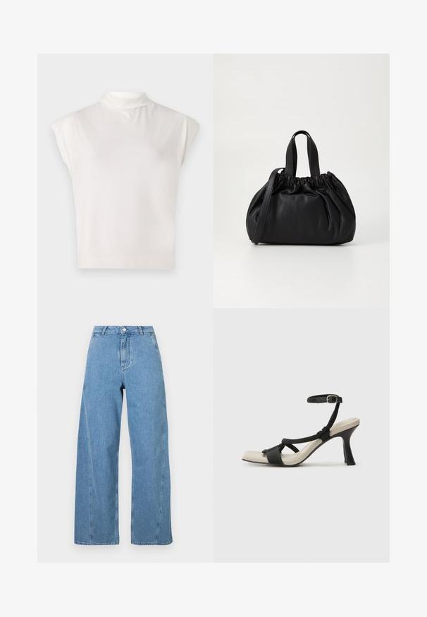 White sleeveless turtleneck top made of soft fabric, featuring a structured design with a smooth texture and subtle ribbed hem detail.; Light blue wide-leg jeans made of denim, featuring a high waist, straight cut, and contrasting stitching along the seams.; Black heeled sandal with braided strap design, square toe, and adjustable ankle strap. Light beige footbed with a glossy black heel.; Black leather handbag with a gathered top design, featuring two short handles and a long adjustable strap. Smooth texture, rounded shape.