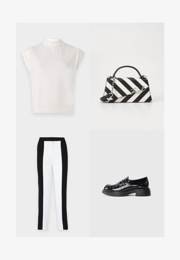 Hvit ermeløs høyhalset topp laget av myk stoff, med en strukturert design, glatt tekstur og subtile ribbede kanter.; Svart-hvite tapered bukser med smal passform og kontrasterende paneler. Stoffet har en glatt tekstur; midjebåndet er flatt og tettsittende.; Sorte patentlæder loafers med dekorative sølvstuds, rund tå, lav blokhæl og glat skinnende tekstur.; Svart- og hvitstripet håndveske med en strukturert form, som har et topphåndtak, en avtakbar kjedestropp, og metallisk logo-akcent.