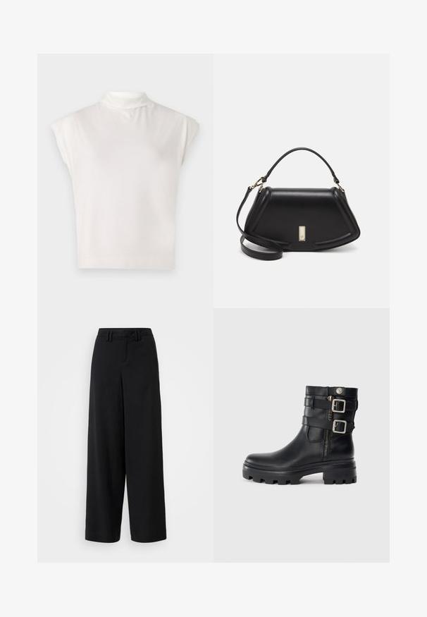 Top blanco de cuello alto sin mangas, hecho de una tela suave, que presenta un diseño estructurado con una textura lisa y un sutil detalle de dobladillo acanalado.; Pantalones de pierna ancha negros, hechos de una tela suave, con un diseño de frente plano, detalles plisados y trabillas en la cinturilla.; Botín de cuero negro hasta el tobillo con detalles de doble hebilla, cierre de cremallera, suela gruesa y textura suave. Presenta un diseño robusto y elegante.; Bolso de mano de cuero negro con un diseño estructurado, que presenta una forma recortada, asa superior y acentos en dorado. Correa de hombro ajustable incluida.