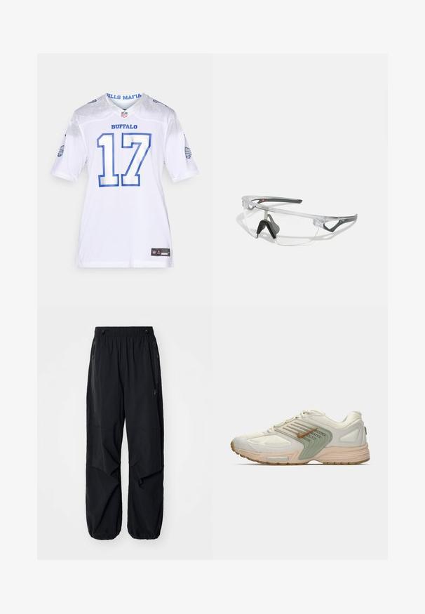 White NFL jersey featuring blue accents, number 17, and "BILLS MAFIA" text on the collar. Sleek design with team logo on sleeves.; Black lightweight cargo pants with an elastic waistband, side zippers, and spacious pockets. Features a loose fit and tapered cuffs.; Low-top athletic sneaker in beige with light green side panel, white mesh upper, brown Nike swoosh, and beige sole with visible air cushion.; Clear safety glasses with a lightweight, transparent frame and gray accents. Features a wraparound design and adjustable nosepiece.