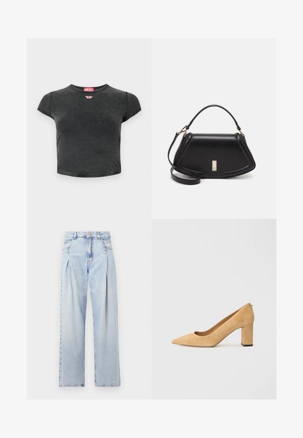Black, cropped t-shirt made of cotton with a round neckline and short sleeves. Features a small red logo and a faded texture.; Light blue denim jeans with a high waist, wide-leg cut, two side pockets, and pleated design feature. Soft texture with a faded finish.; Beige suede high-heeled pump with a pointed toe and a chunky block heel. The material has a soft texture with a smooth finish.; Black leather handbag with a structured design, featuring a cropped shape, top handle, and gold hardware accent. Adjustable shoulder strap included.