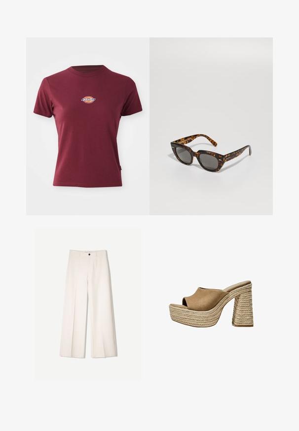Bordó, rövid ujjú pamut póló, kerek nyakkivágással és egy kis, színes "Dickies" logóval a mellkasán.; Tejbézs széles lábú nadrág, szabott kialakítással, két elülső zsebbel és egyetlen elülső gombos záródással, sima anyagból készült.; Barna velúr platform mules, nyitott orral, vastag, fonott juttalány sarkukkal és sima, kerek felső konstrukcióval.; Tortúra napszemüveg, szögletes kerettel és szürke lencsékkel. Fényes felülettel rendelkezik, és diszkrét logó látható a szárakon.