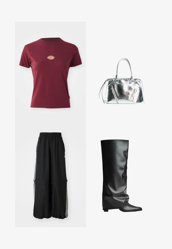 Bordo kratka majica s kratkimi rokavi iz bombaža z okroglim izrezom in majhnim večbarvnim logotipom "Dickies" na prsih.; Črne športne hlače z elastičnim pasom, stranskimi črtami in ohlapnim krojem z nabranim robom za zračen silhuet.; Črne usnjene škornje do kolen z gladko teksturo, mehkim dizajnom, koničastim nosom in nizko kvadratno peto. Minimalističen slog brez vidne opreme.; Metalna srebrna torbica z urejenim oblikom, dvema zgornjima ročajema in zadrgo na sprednji strani. Gladka, sijoča tekstura.