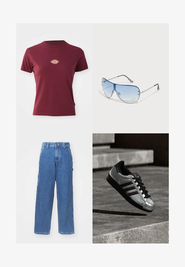 Bordo majica s kratkim rukavima od pamuka s okruglim izrezom i malim višebojnim logotipom "Dickies" na prsima.; Plave traperice širokog kroja s visokim strukom, zatvaranjem na gumb i bočnim džepovima. Ispirani izgleda s mekanom teksturom i ravnim krojem.; Srebrnasta tenisica s crnim gumenim potplatom, crnim vezicama i tri crne pruge. Ima metalik završnu obradu i klasični dizajn s kalupastim vrhom.; Naočale tipa avijatičar s gradijentnim plavim staklima, okvirom od srebrnog metala i dekorativnim zvjezdastim naglascima na staklima. Glatki i elegantni dizajn.