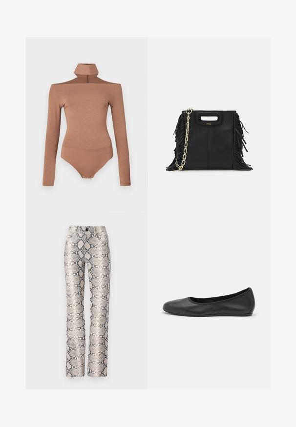 Brown long-sleeve bodysuit with a high collar, featuring a zip closure and a fitted design. Smooth texture, offering a seamless silhouette.; Snake-print trousers in a beige and gray color scheme. Straight-leg design with a textured finish and front pockets. Features a button closure.; Black leather ballet flat with a rounded toe, smooth texture, minimal stitching detail, and a flexible sole design.; Black leather handbag with fringe details, gold chain shoulder strap, and a cut-out handle. Features logo placement on the front.