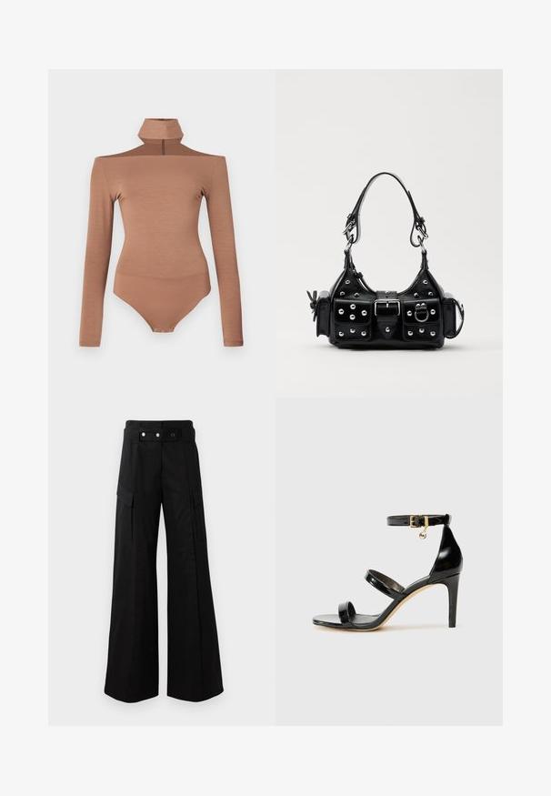Brauner Langarm-Body mit hohem Kragen, ausgestattet mit einem Reißverschluss und einem taillierten Design. Glatte Textur, die eine nahtlose Silhouette bietet.; Schwarze weit geschnittene Hose mit hohem Bund, großen Seitentaschen, zwei vorderen Knöpfen und einer Schlaufen-Detail. Aus robustem Stoff gefertigt.; Schwarze Lackleder-Sandale mit drei Riemen, Knöchelriemen und 10 cm hohen Stiletto-Absatz. Verfügt über goldfarbene Hardware-Details und ein Logo-Charm.; Schwarze Lederhandtasche mit einem geschwungenen Design, verziert mit silbernen Nieten, einer Schnalle und zwei seitlichen Taschen. Verstellbarer Träger für verschiedene Tragemöglichkeiten.