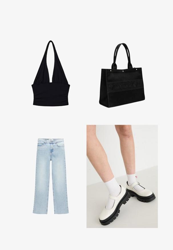 Schwarzes Halsbandoberteil aus weichem Stoff; verfügt über einen tiefen V-Ausschnitt und Raffungen an der Taille; ärmellos mit langen, fließenden Trägern.; Helle blaue, weite Jeans aus Denim mit hoher Taille, fünf Taschen und einem Knopfverschluss. Verfügt über minimale Nahtdetails.; Weiße Lackleder-Mary-Jane-Schuhe mit einer dicken schwarzen Sohle, versehen mit einem Riemen über dem Spann und getragen mit weißen Socken.; Schwarze Canvas-Tragetasche mit zwei Tragriemen, die mit einem geprägten Logo-Band und kleinen Hardware-Details versehen ist. Rechteckige Form, robuste Verarbeitung.