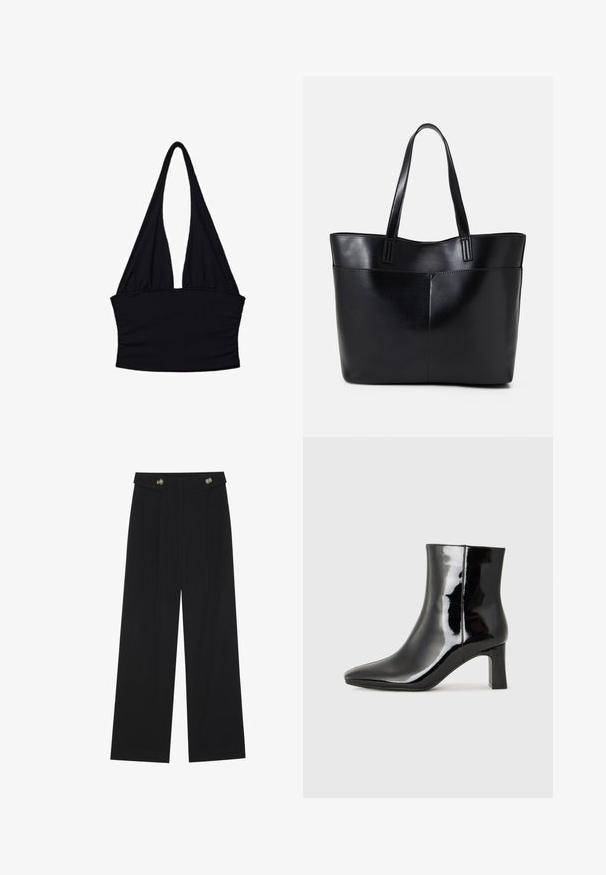 Black halter top made of soft fabric; features a deep V-neck and gathered detailing at the waist; sleeveless with long, flowing straps.; Black wide-leg trousers with high waist, button details on waistband, and front pleats.; Black patent leather ankle boot with a pointed toe and a mid-height block heel. Smooth texture and minimalist design.; Black leather tote bag with two long handles, a smooth texture, and a structured shape. Features a front pocket for additional storage.