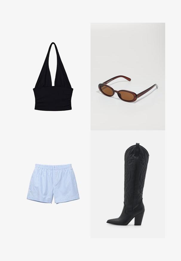 Czarna bluzka na ramiączkach wykonana z miękkiego materiału; ma głęboki dekolt w kształcie litery V oraz marszczenia w talii; bez rękawów z długimi, zwiewnymi paseczkami.; Jasnoniebieskie bokserki w paski wykonane z miękkiej bawełny. Posiadają elastyczny pas, zapięcie na guzik i luźny krój. Dyskretny logo z boku.; Zign - Kowbojki i obuwie motocyklowe; Okrągłe, brązowe okulary przeciwsłoneczne z błyszczącą bordową oprawą. Cienkie ramiona z subtelnym detalem marki. Płaski kształt soczewek.; Zegarek kwarcowy Casio z prostokątną srebrną tarczą, złotymi akcentami oraz dwukolorową bransoletą metalową w srebrnym i złotym kolorze. Wodoszczelny.