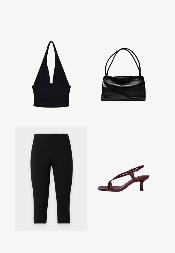 Sort halterneck top lavet af blødt stof; har en dyb V-udskæring og rynkede detaljer i taljen; ærmeløs med lange, flydende stropper.; Sorte capri leggings lavet af strækbart materiale, med en tætsiddende pasform og glat tekstur, uden fremtrædende mønstre eller accenter.; Bordeaux højhælede sandaler med firkantet tå, slanke stropper og en ankelrem med spænde. Glat lædertekstur og en slank, blokhæl.; Sort lædertaske med en glat overflade, rektangulær form og to lange håndtag. Enkel design uden synligt hardware eller dekorationer.