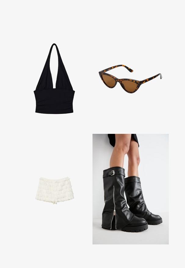 Top halter nero realizzato in tessuto morbido; presenta una scollatura a V profonda e dettagli arricciati in vita; senza maniche con lunghi e fluttuanti lacci.; Stradivarius Shorts - white; Stivali alti neri in pelle con alti fianchi, dotati di cerniera laterale e accentuato con fibbia, finitura testurizzata e suola in gomma spessa.; Occhiali da sole cat-eye con una montatura tartarugata nera e arancione, lenti marroni e punte affusolate e eleganti. Presentano un logo minimale sulla asta.